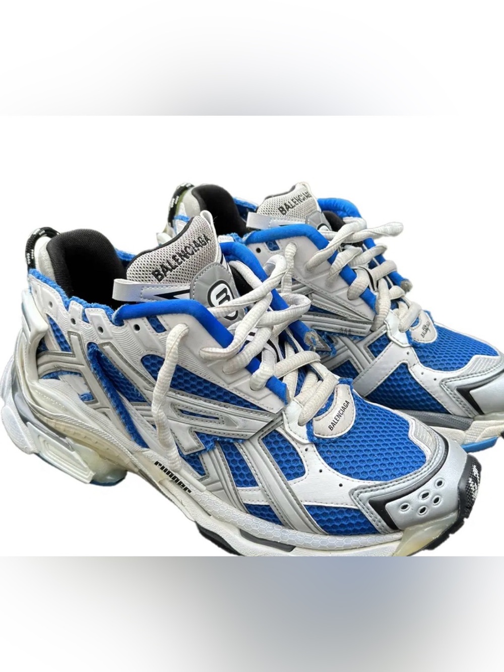 Balenciaga Blue and White Mesh Runner Sneakers with Gray Accents